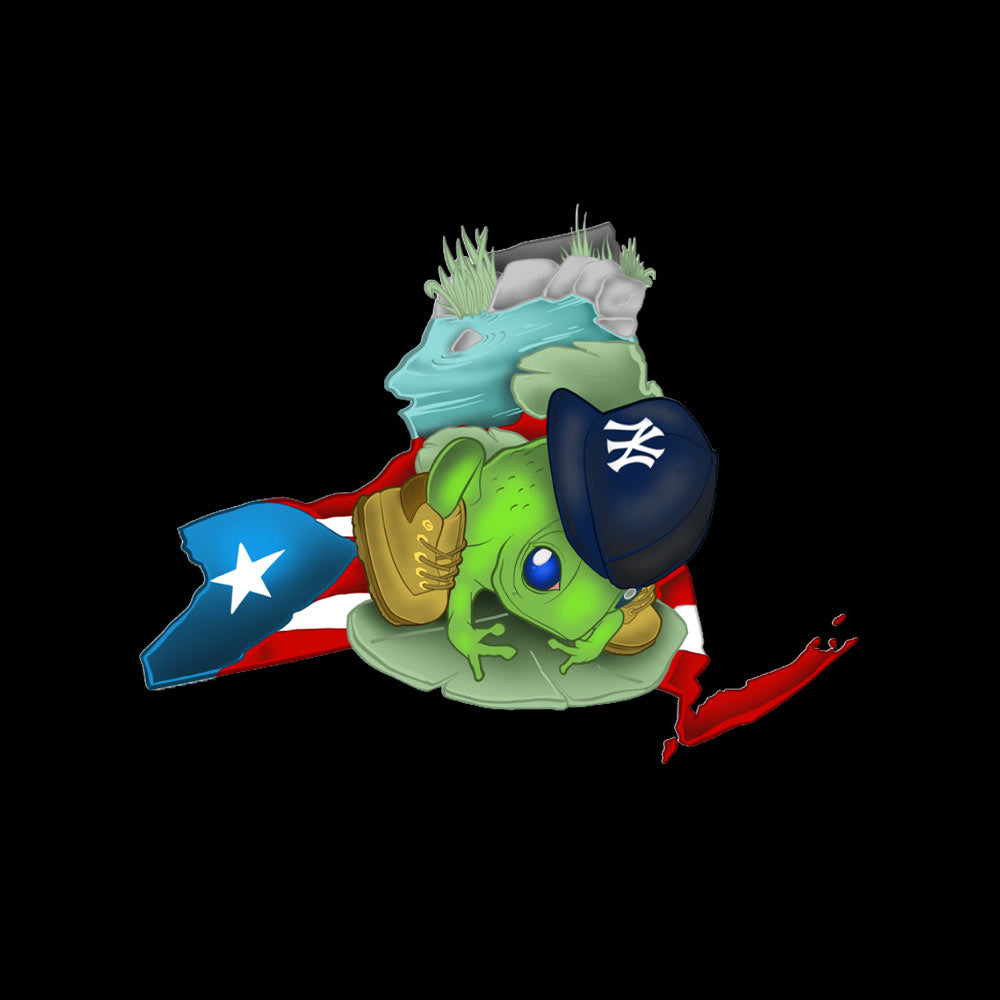 Ein grüner Coquí-Frosch mit blauer Yankees-Mütze und braunen Stiefeln steht auf einer Schildkröte. Im Hintergrund sind die puertoricanische Flagge und eine rote Landkarte zu sehen.