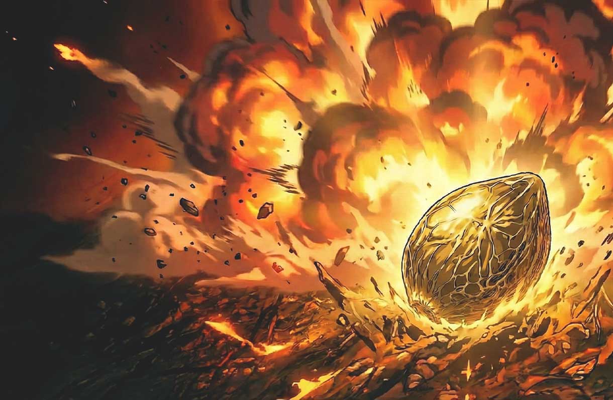 Eine Handgranate mit blockartiger, steinartiger Textur explodiert und schleudert vor einem dunklen Hintergrund Trümmer und Splitter nach außen.