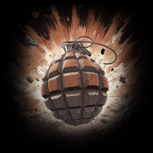 Eine Handgranate mit blockartiger, steinartiger Textur explodiert und schleudert vor einem dunklen Hintergrund Trümmer und Splitter nach außen.