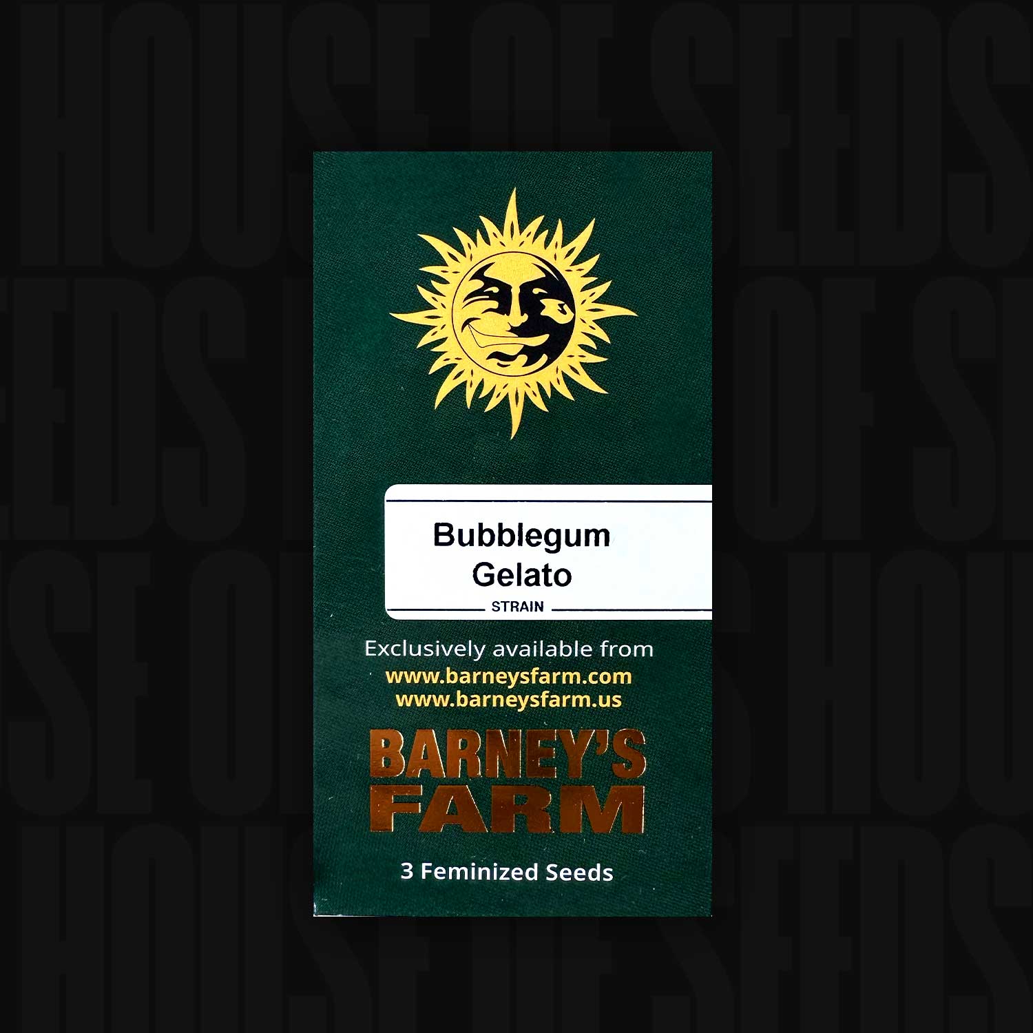 Grüne Barney’s Farm Bubblegum Gelato Packung mit Sonnenlogo, Aufschrift 3 feminisierte Samen und Website-Infos