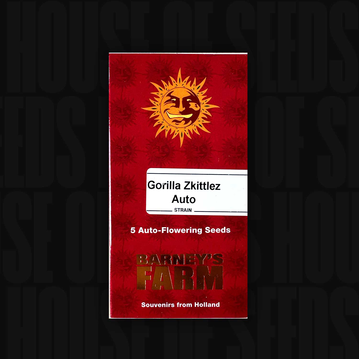 Rote Verpackung für Gorilla Zkittlez Auto von Barneys Farm für 5 Auto-Flowering Seeds mit Sonne und Text Souvenirs from Holland
