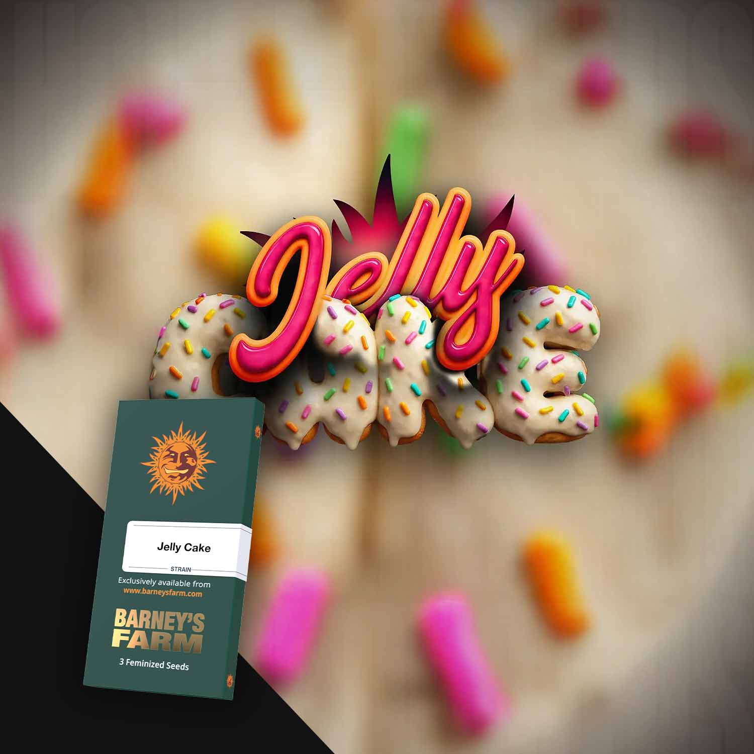 3D-Text Jelly Cake mit bunten Streuseln und einem Barney's Farm Samenpaket mit der Aufschrift Jelly Cake.