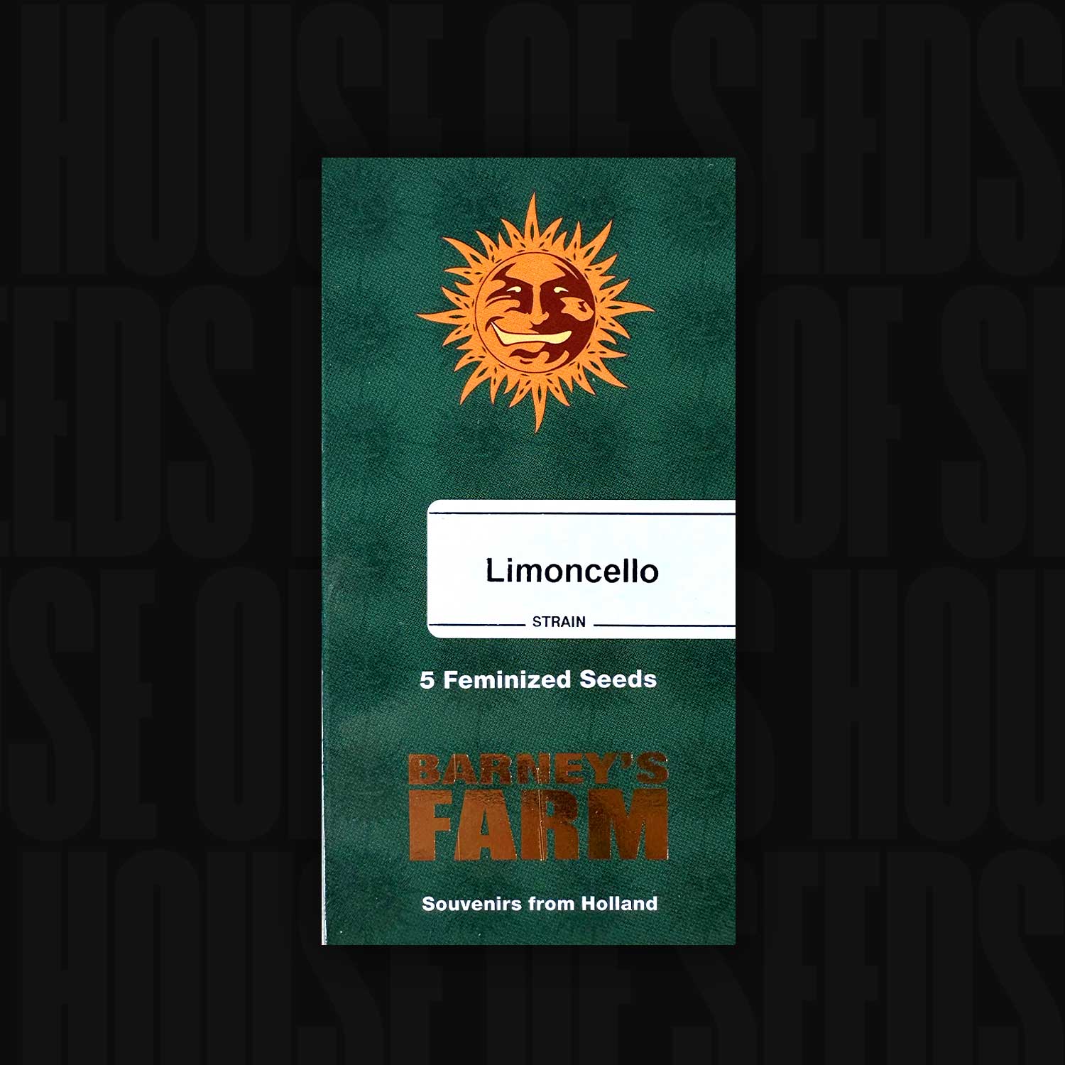 Grünes Barney’s Farm Päckchen Limoncello mit orangefarbenem Sonnenlogo, Aufschrift 5 feminisierte Samen und Text Souvenirs aus Holland