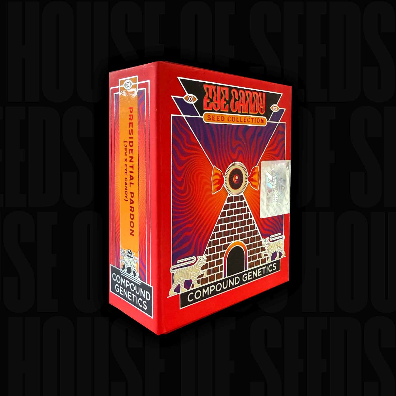 Purple Preserves Saatgutbox von Compound Genetics mit Pyramidengrafik und Presidential Pardon Etikett.