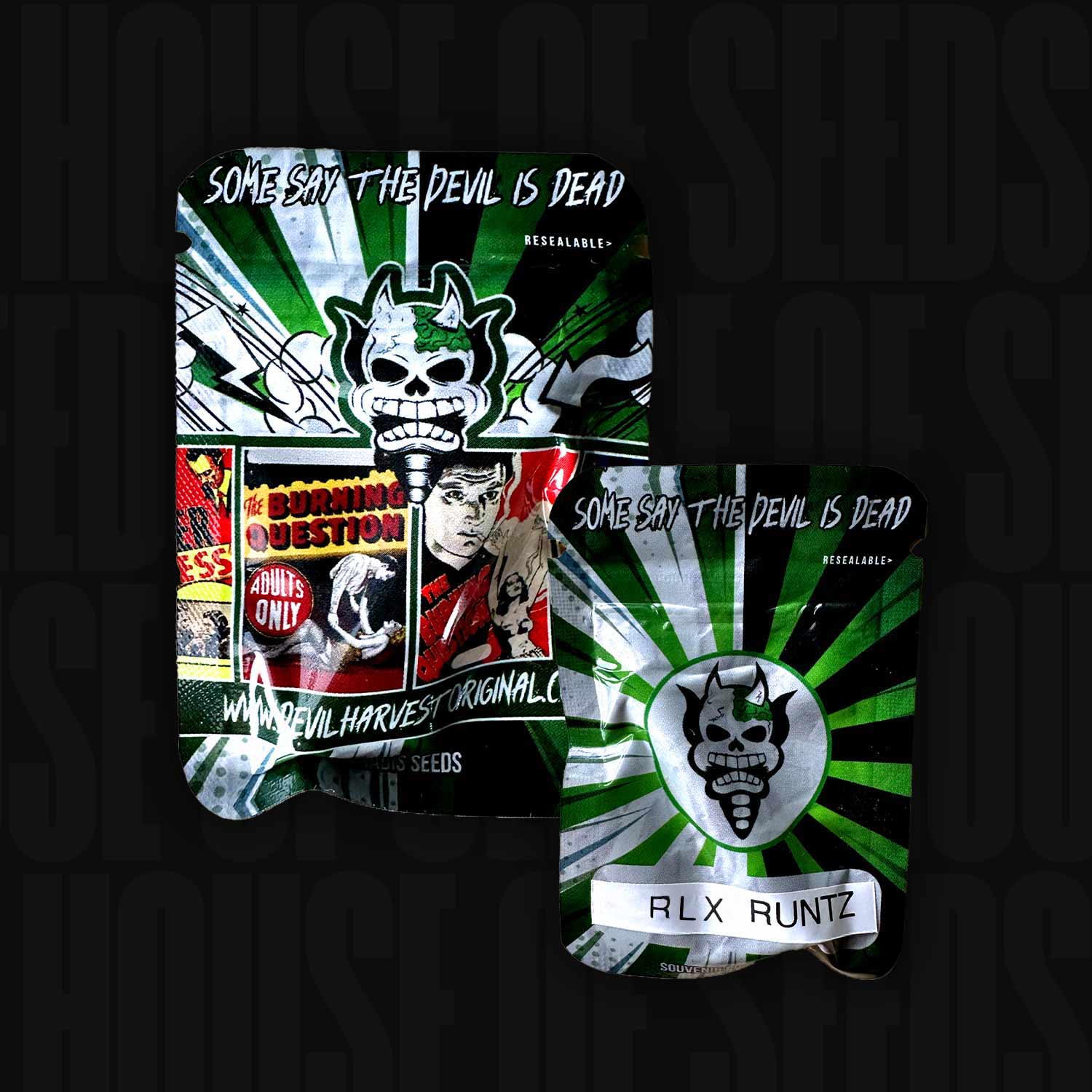 Zwei wiederverschließbare Packungen von Devil's Harvest mit RLX Runtz, „Green Devil“-Motiven und Comic-Grafiken.