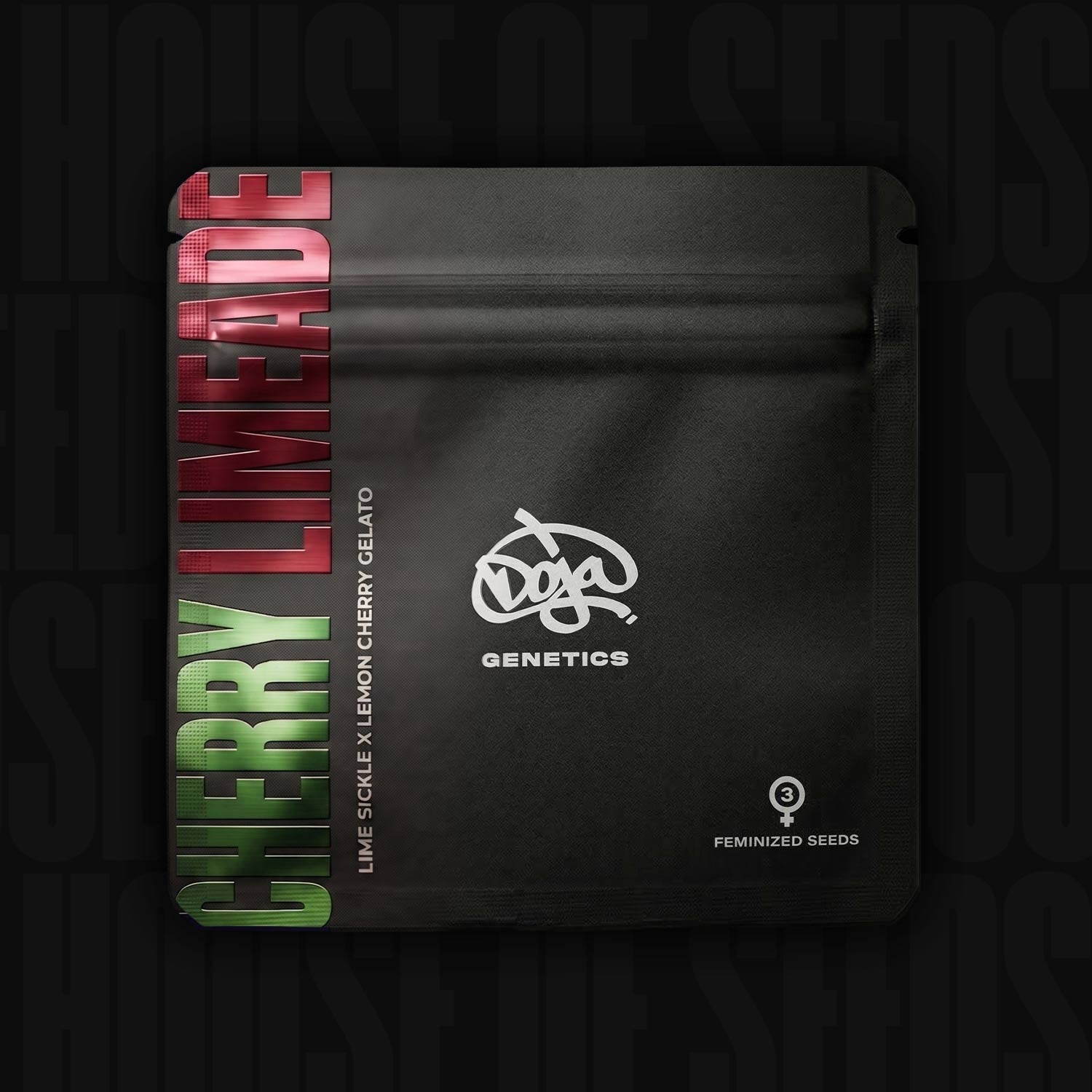 Schwarze Verpackung mit der Aufschrift Doja Cherry Limeade und genetischen Informationen und Feminized Seeds auf der Vorderseite.