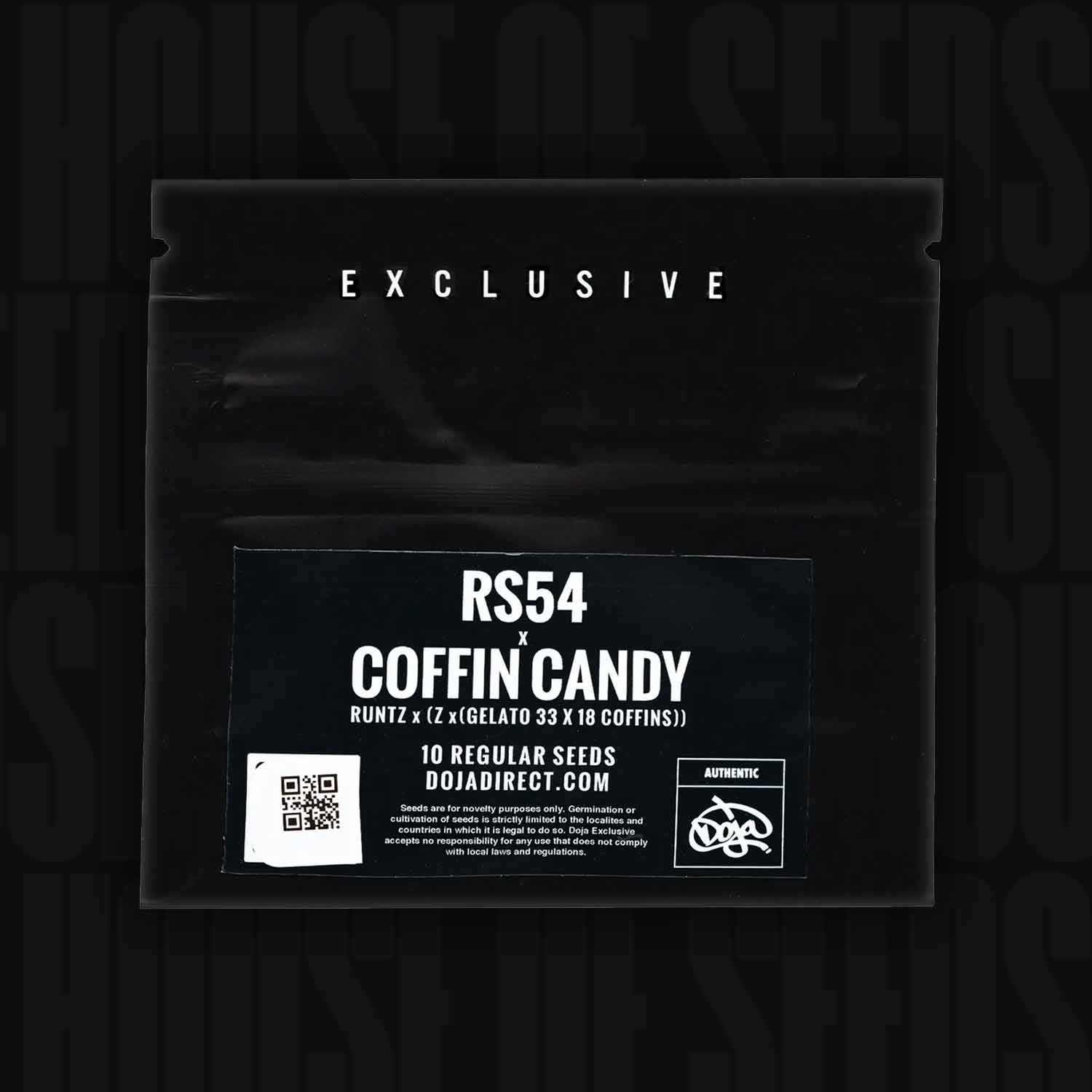 Doja RS54 x Coffin Candy Samen in einer schwarzen Packung mit weißem Text und einem QR-Code auf der Vorderseite.