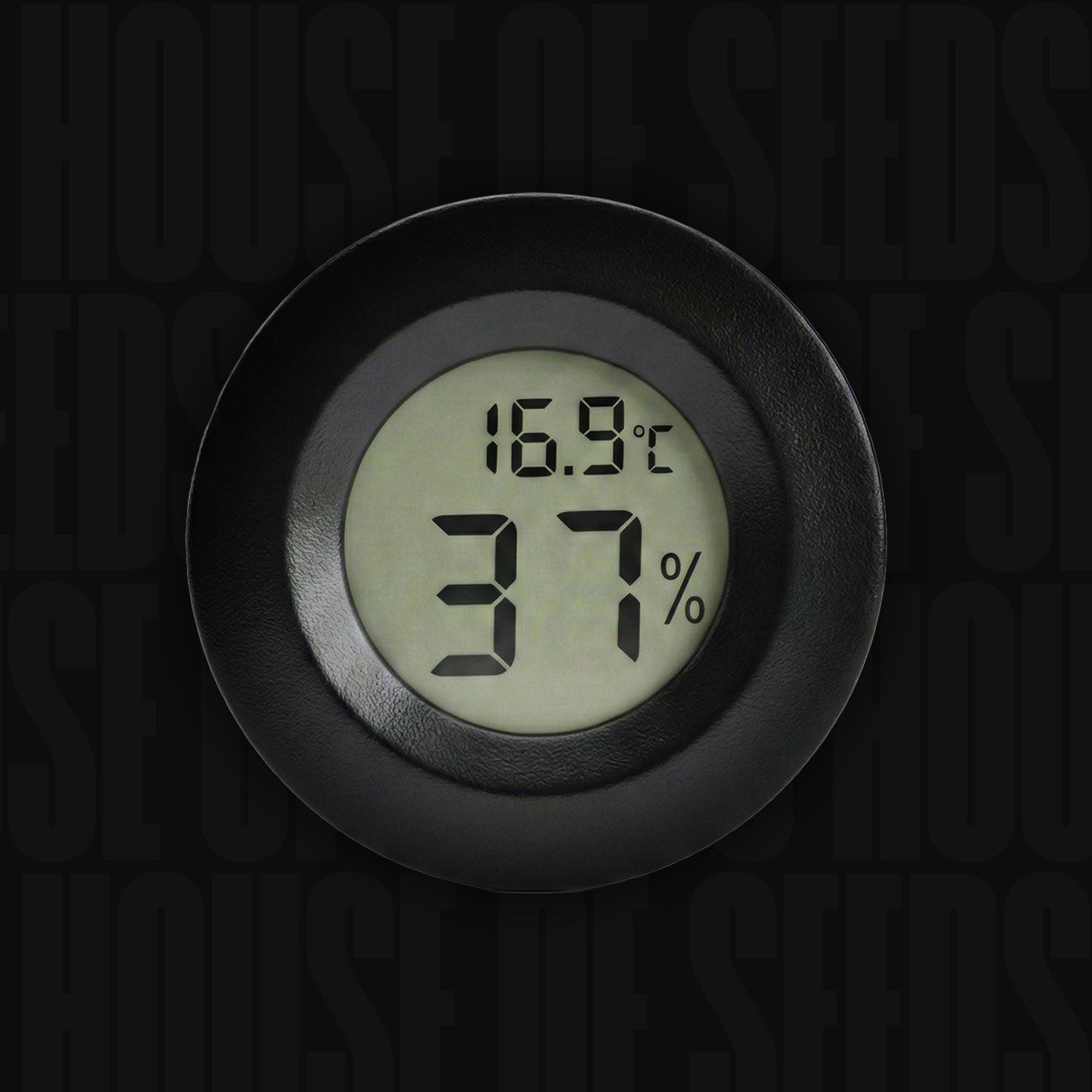 Holy Hemp Mini-Digital-Hygrometer & Thermometer zeigt 16,9°C und 37% Luftfeuchtigkeit auf einem dunklen Hintergrund.