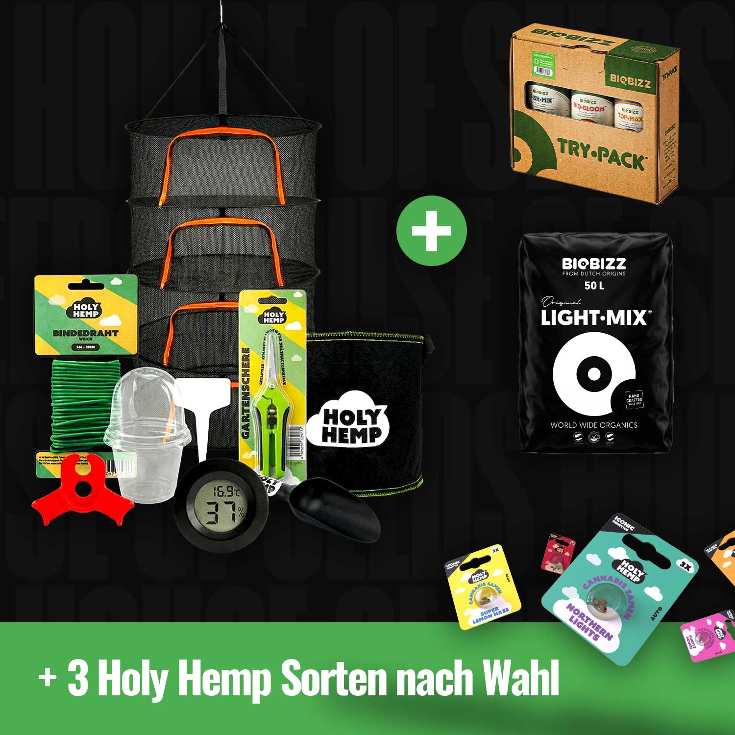 Das Holy Hemp Outdoor Komplett-Set enthält ein Trockengestell, Werkzeuge, Erde, Nährstoffe und 3 Saatgutsorten Ihrer Wahl.