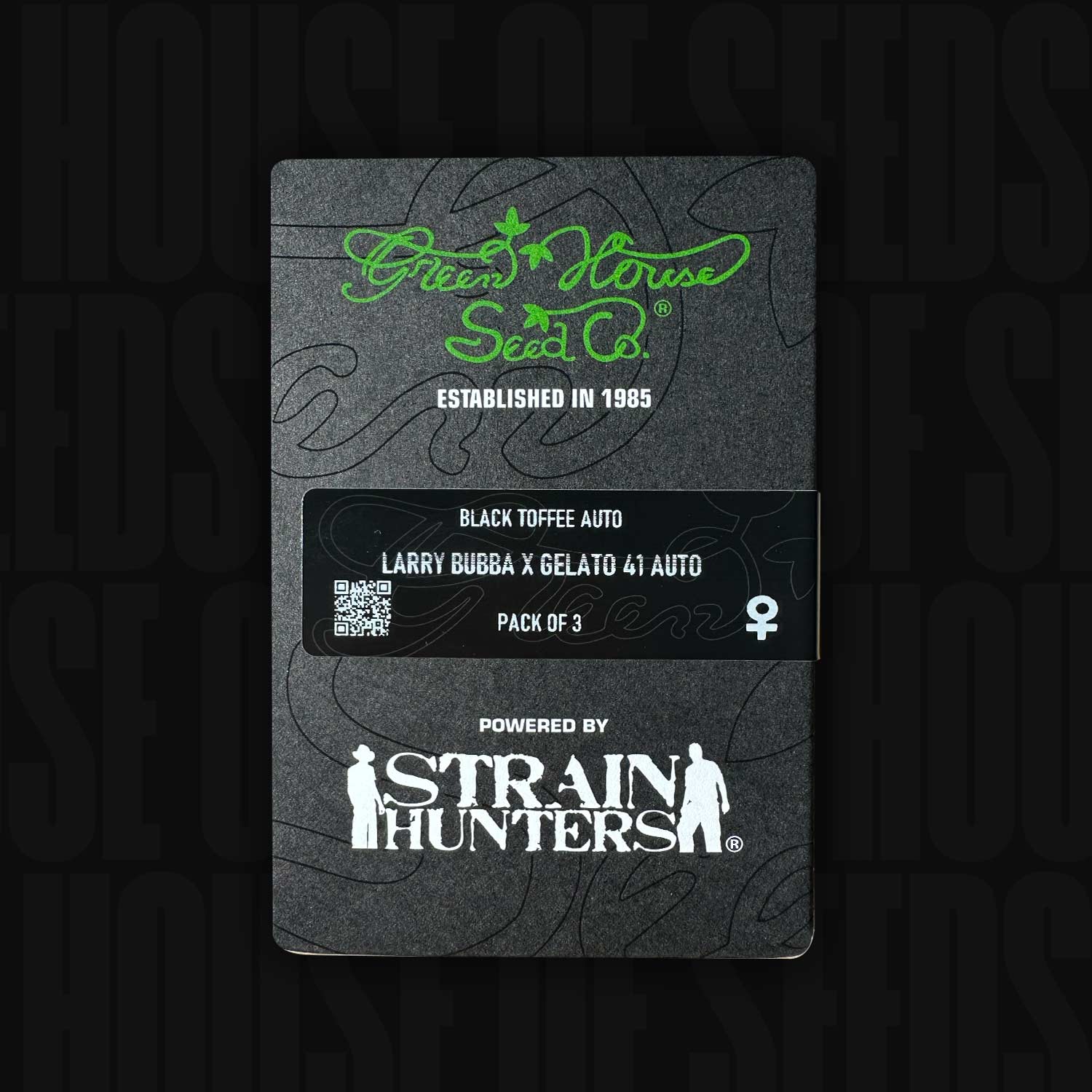 Dunkles Green House Seeds Black Toffee Auto Paket mit Strain Hunters Logo und ESTABLISHED IN 1985