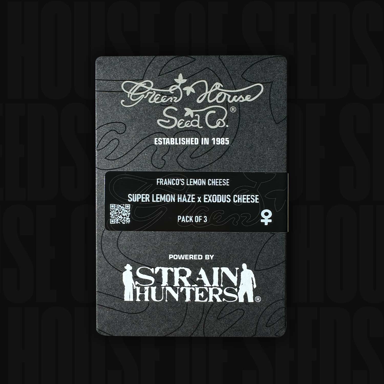 Schwarze Green House Seeds Verpackung für Franco's Lemon Cheese Hybrid, mit Aufdruck Pack of 3 und Strain Hunters
