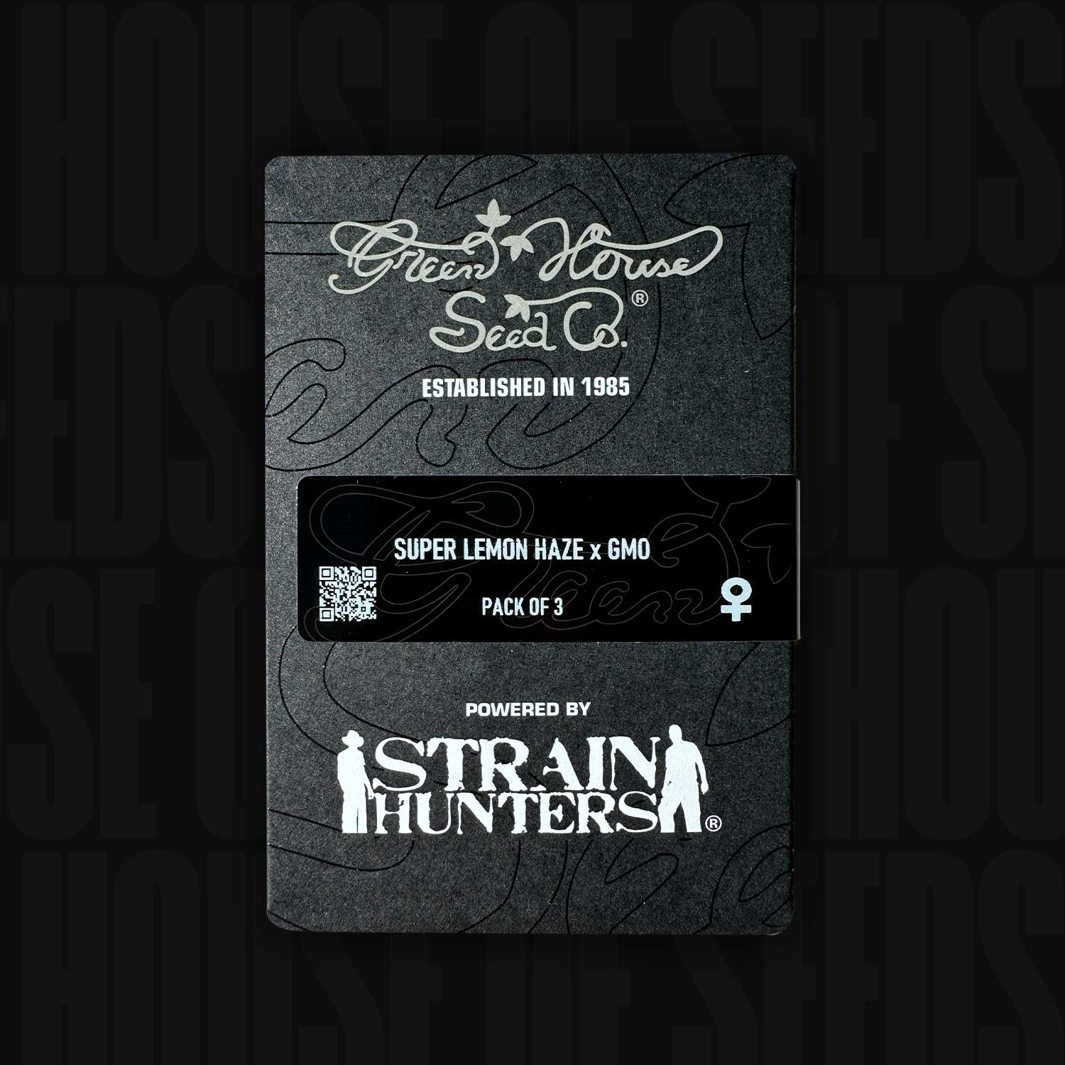 Schwarze Green House Seeds Packung von Super Lemon Haze x GMO mit Produkt-Angaben