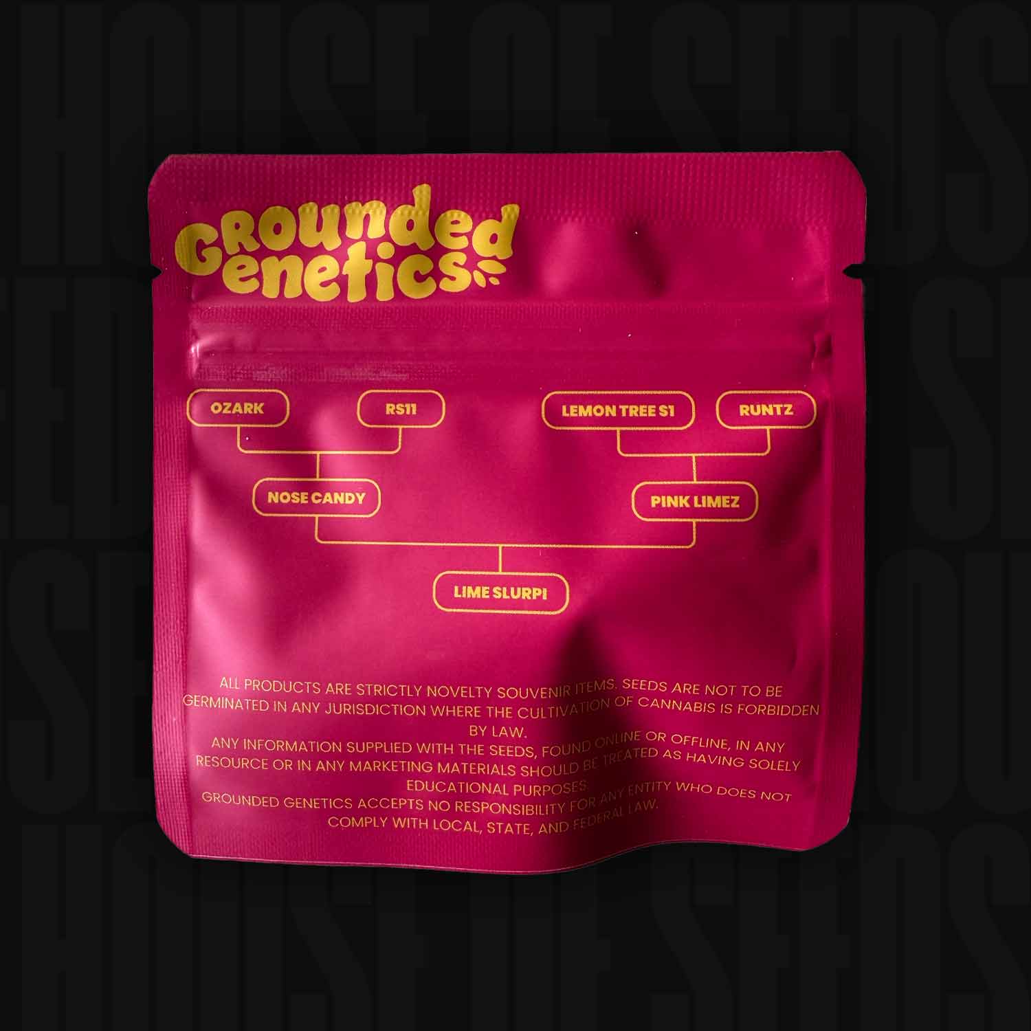 Ein rosafarbenes Grounded Genetics Lime Slurpi Samenpaket mit einem gelben Stammesnamen-Diagramm auf der Vorderseite.