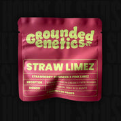 Ein rotes Saatgutpaket von Grounded Genetics mit der Aufschrift Straw Limez und Angaben zu Sorte und Donor.