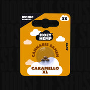 Orangefarbene Holy Hemp Verpackung Caramello XL Auto mit 3 Cannabissamen und weißen Wolkengrafiken