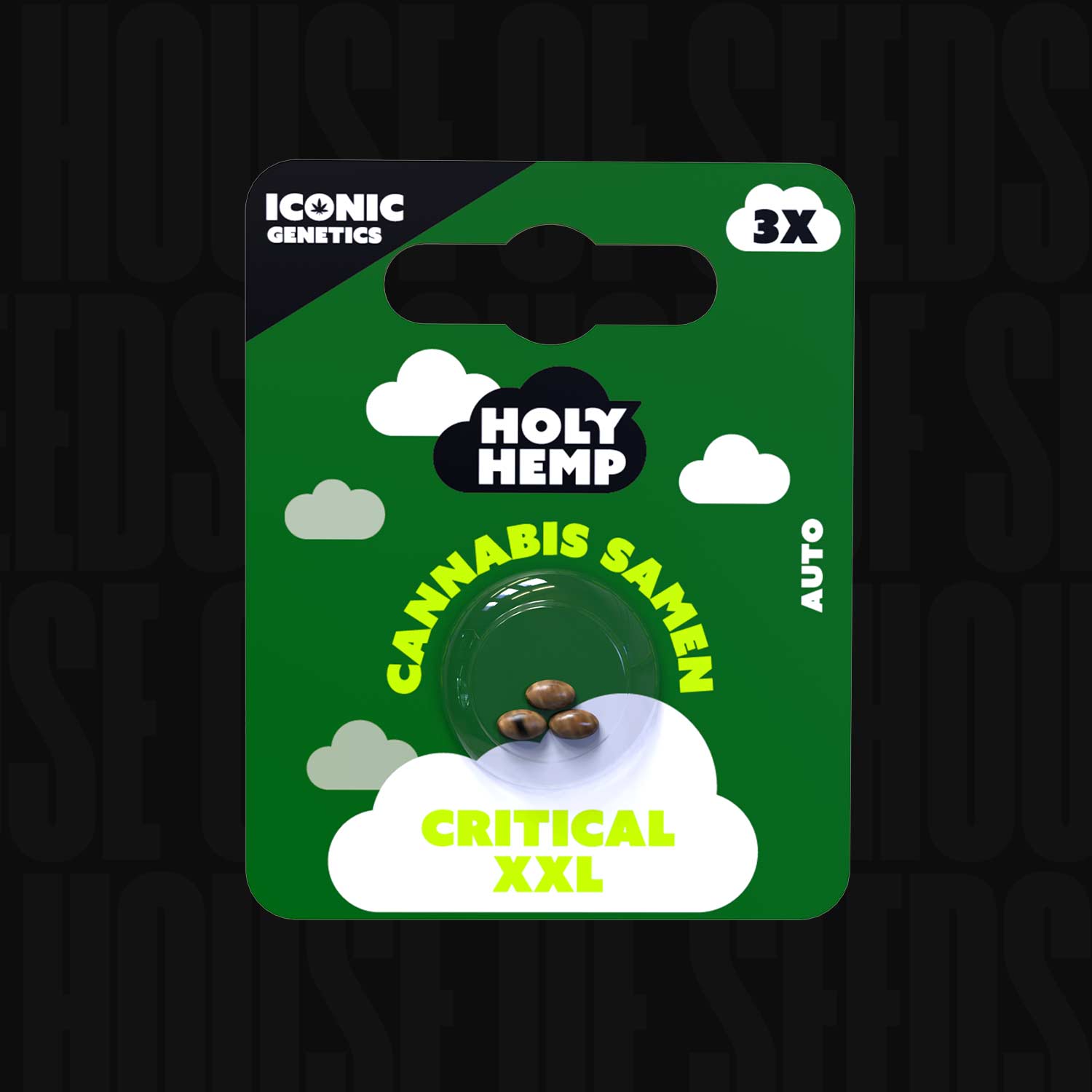 Grün-schwarze Holy Hemp Verpackung der Sorte Critical XXL Auto, 3er-Pack, verziert mit Wolken und Symbolen