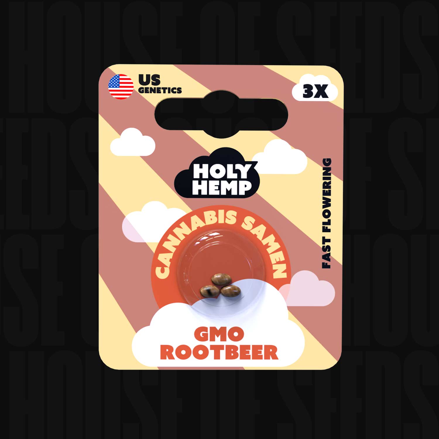 Holy Hemp GMO Rootbeer Packung mit schwarzem Retro-Design, Wolken, US-Flagge und Aufschrift Fast Flowering 3x