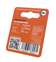 Orangefarbene Samenpackung mit der Aufschrift "Hercules CBD" von Holy Hemp mit Produktdetails, QR-Code und Barcode.