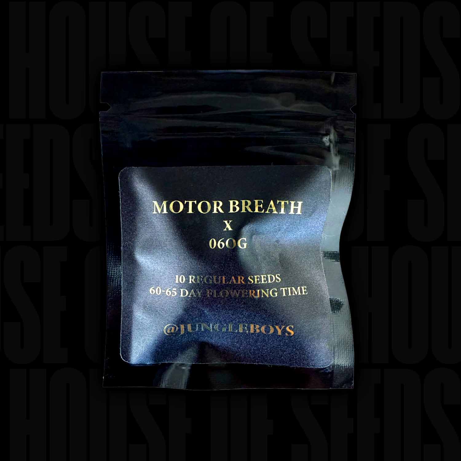 Schwarze Packung mit der Aufschrift "Motor Breath x 06 OG, Jungle Boys, 10 Samen, 60-65 Tage Blütezeit" auf dunklem Hintergrund.