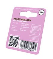 Rosa Etikett für die Peach Goliath CBD-Samen von Holy Hemp mit THC/CBD-Informationen, Anbautipps und einem QR-Code.