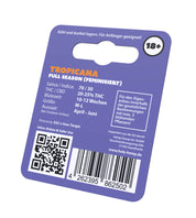 Rückseite der lila Holy Hemp Samenpackung „Tropicana“ mit Infos zu THC, Blütezeit & Genetik und 18+ Symbol und QR Code