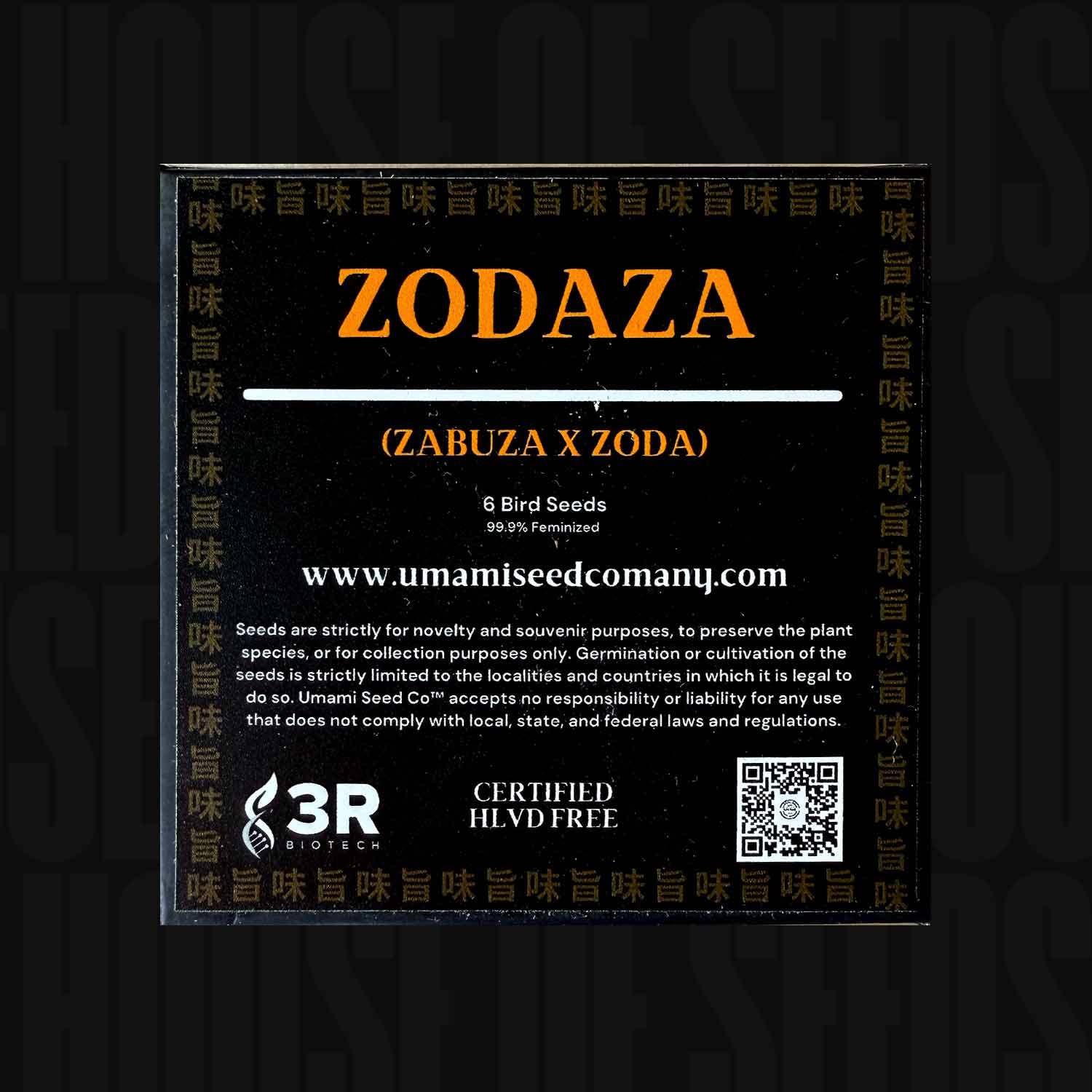 Schwarze Saatgutpackung mit der Aufschrift "Zodaza" von Umami Seed Co. mit Website und Zertifizierungsinformationen in weißer Schrift.