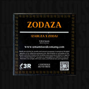 Schwarze Saatgutpackung mit der Aufschrift "Zodaza" von Umami Seed Co. mit Website und Zertifizierungsinformationen in weißer Schrift.