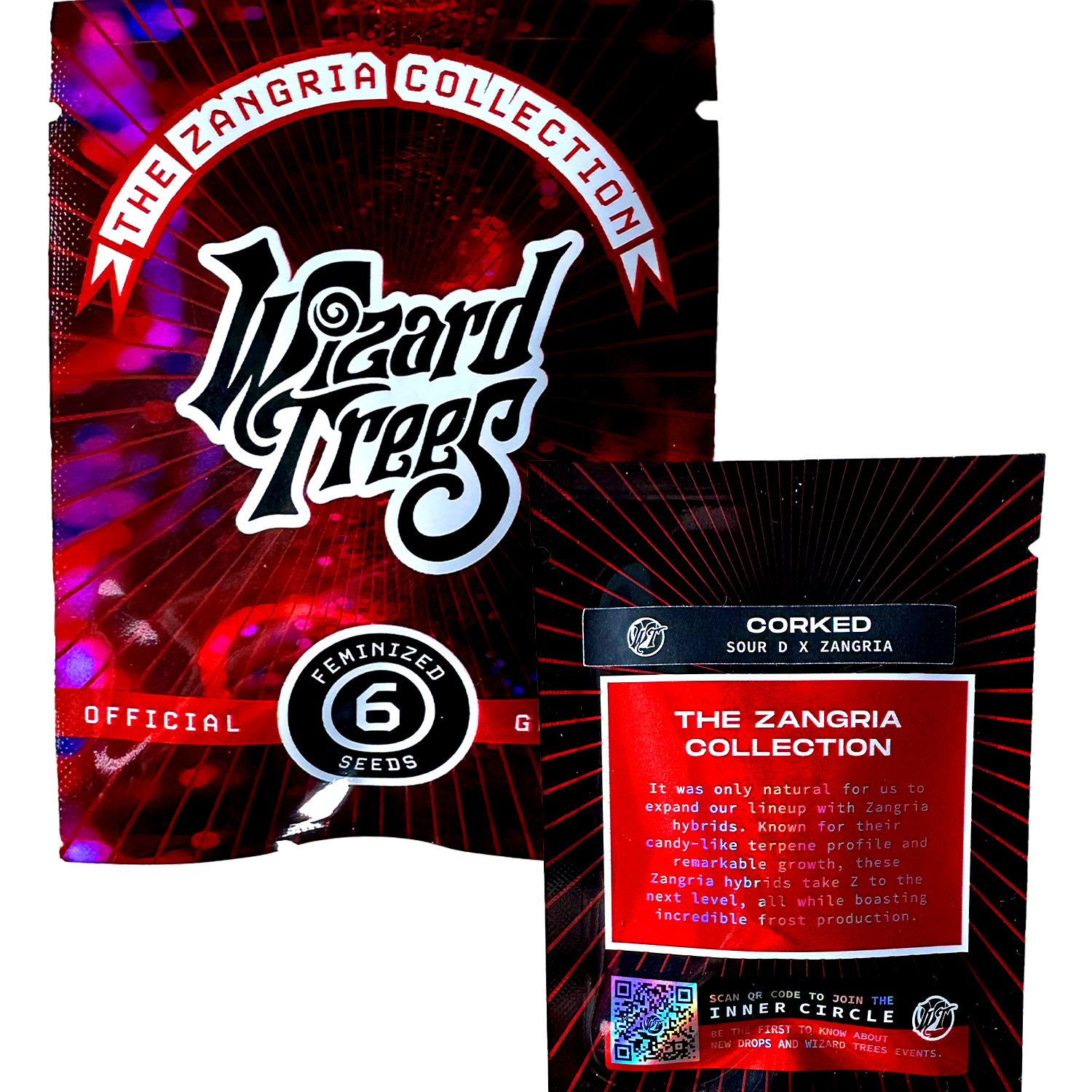 Zwei Saatgutpakete mit den Bezeichnungen Corked und Wizard Trees mit auffälligen roten und schwarzen Motiven.