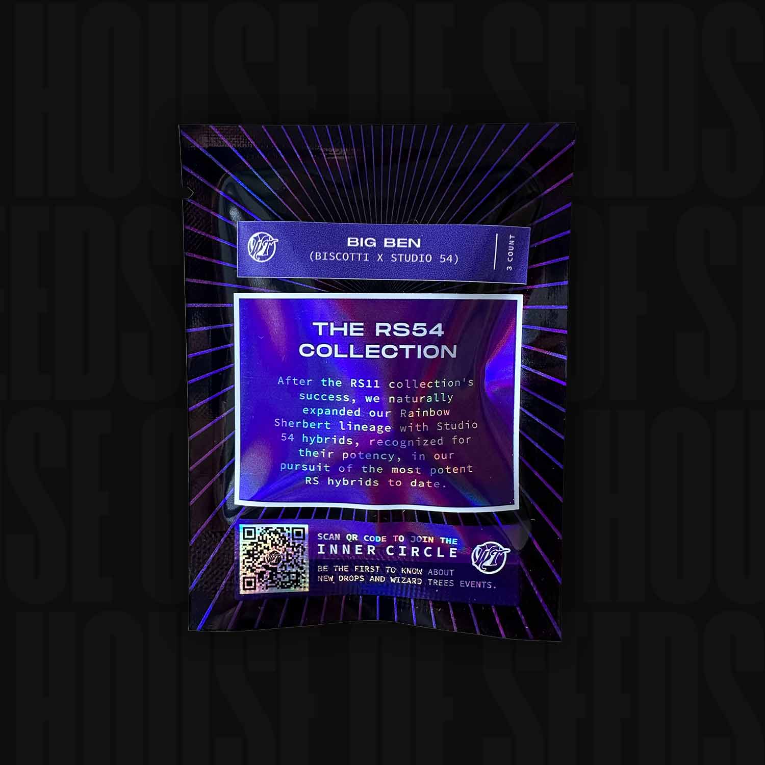 Big Ben Samenpäckchen von Wizard Trees mit Text zur Herkunft und QR-Code auf dunklem Hintergrund