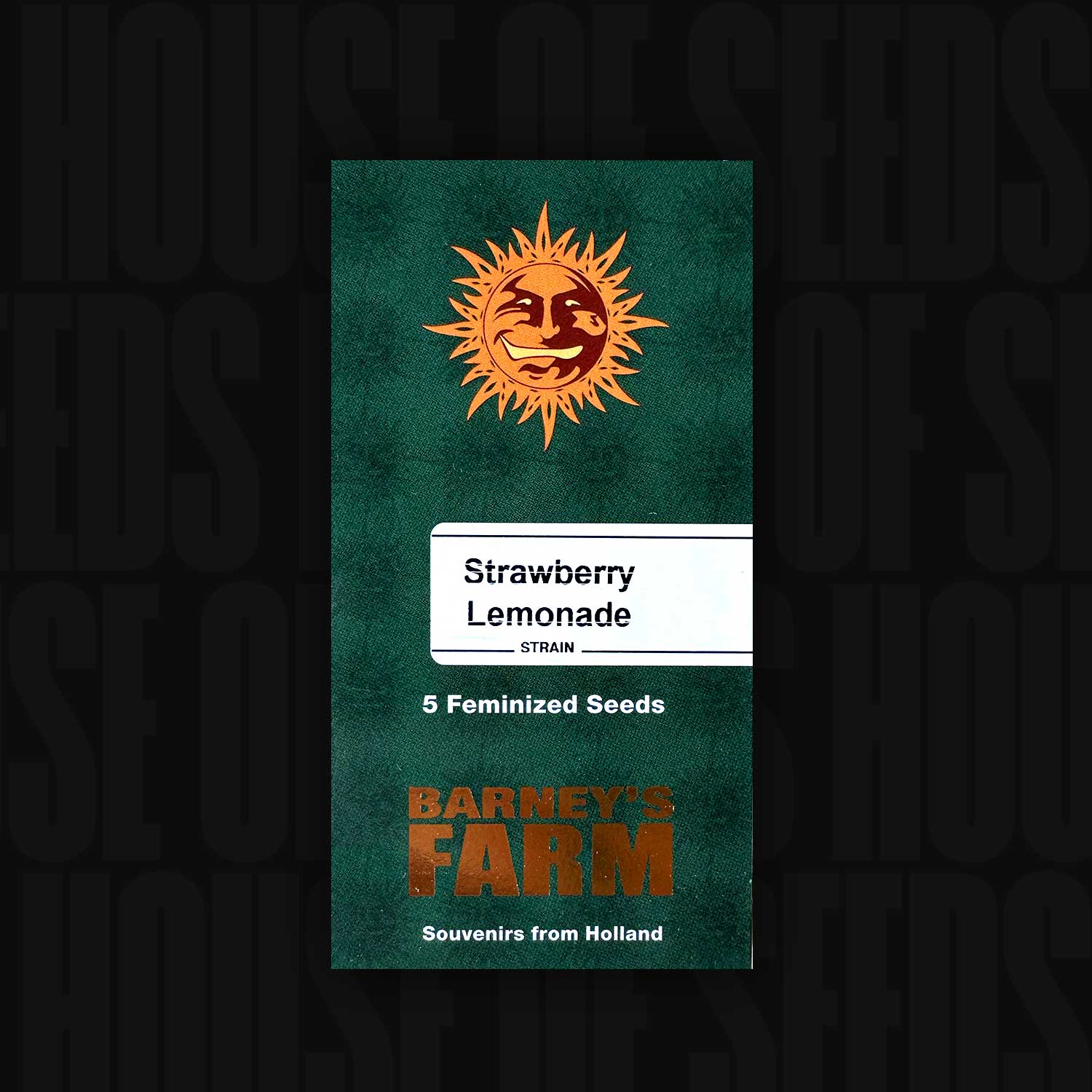 Grünes Päckchen mit der Aufschrift Strawberry Lemonade von Barney's Farm, 5 feminisierte Samen, mit einem Sonnenlogo.
