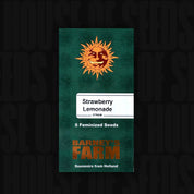 Grünes Päckchen mit der Aufschrift Strawberry Lemonade von Barney's Farm, 5 feminisierte Samen, mit einem Sonnenlogo.