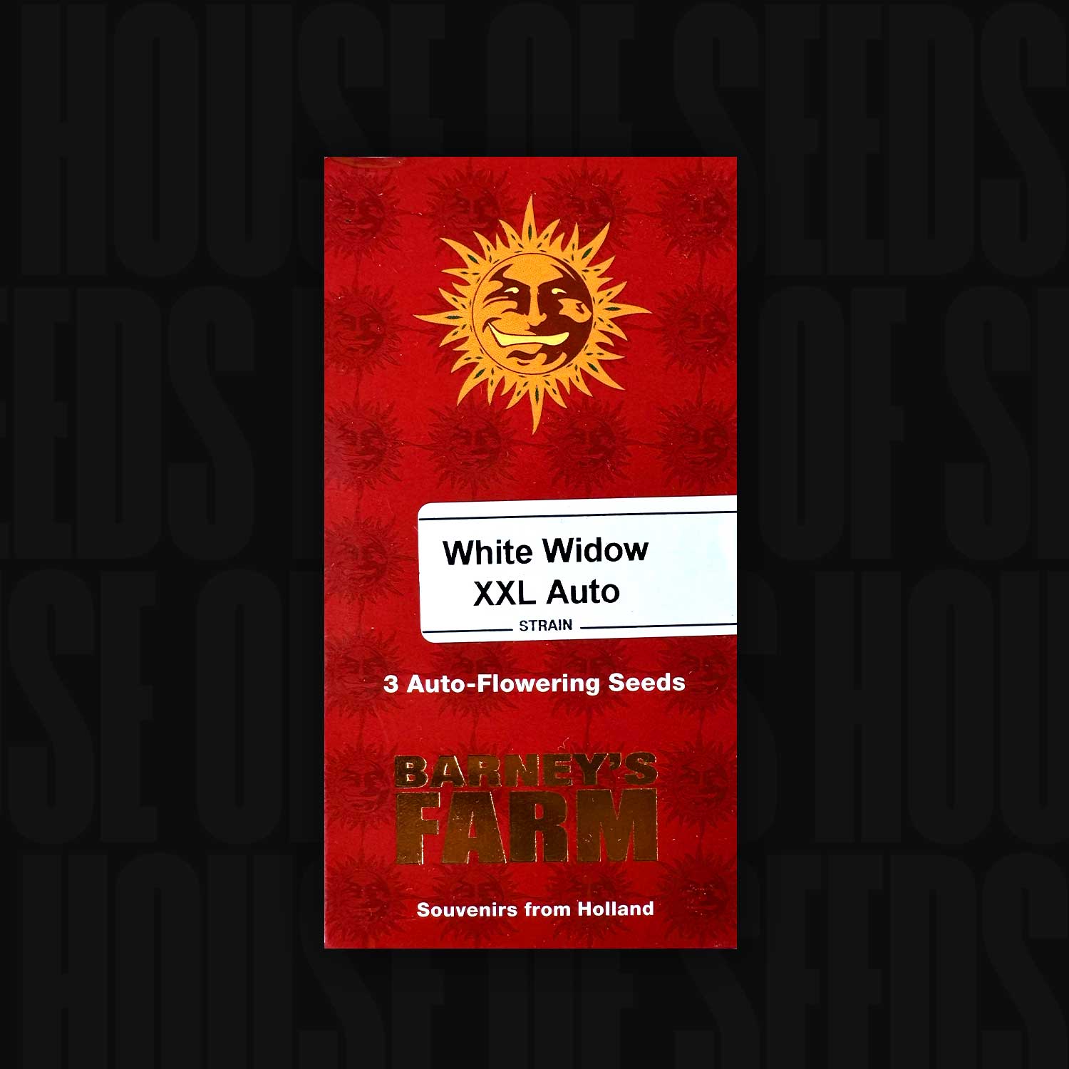 Rotes White Widow XXL Auto Päckchen von Barney’s Farm mit Sonnenlogo, 3 Samen und Aufschrift "Souvenirs aus Holland"